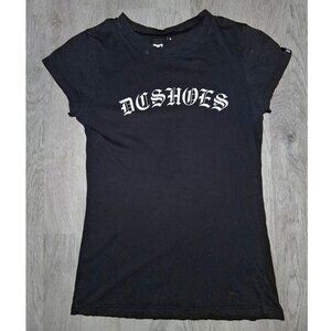 Vintage Y2k DC Skate Shoes Tight Baby Tee Black Graphic T-Shirt Size Small Goth